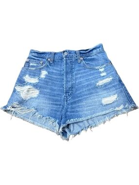 Abercrombie & Fitch Button Fly Distressed Blue Denim Shorts Women’s 26 Raw Hem